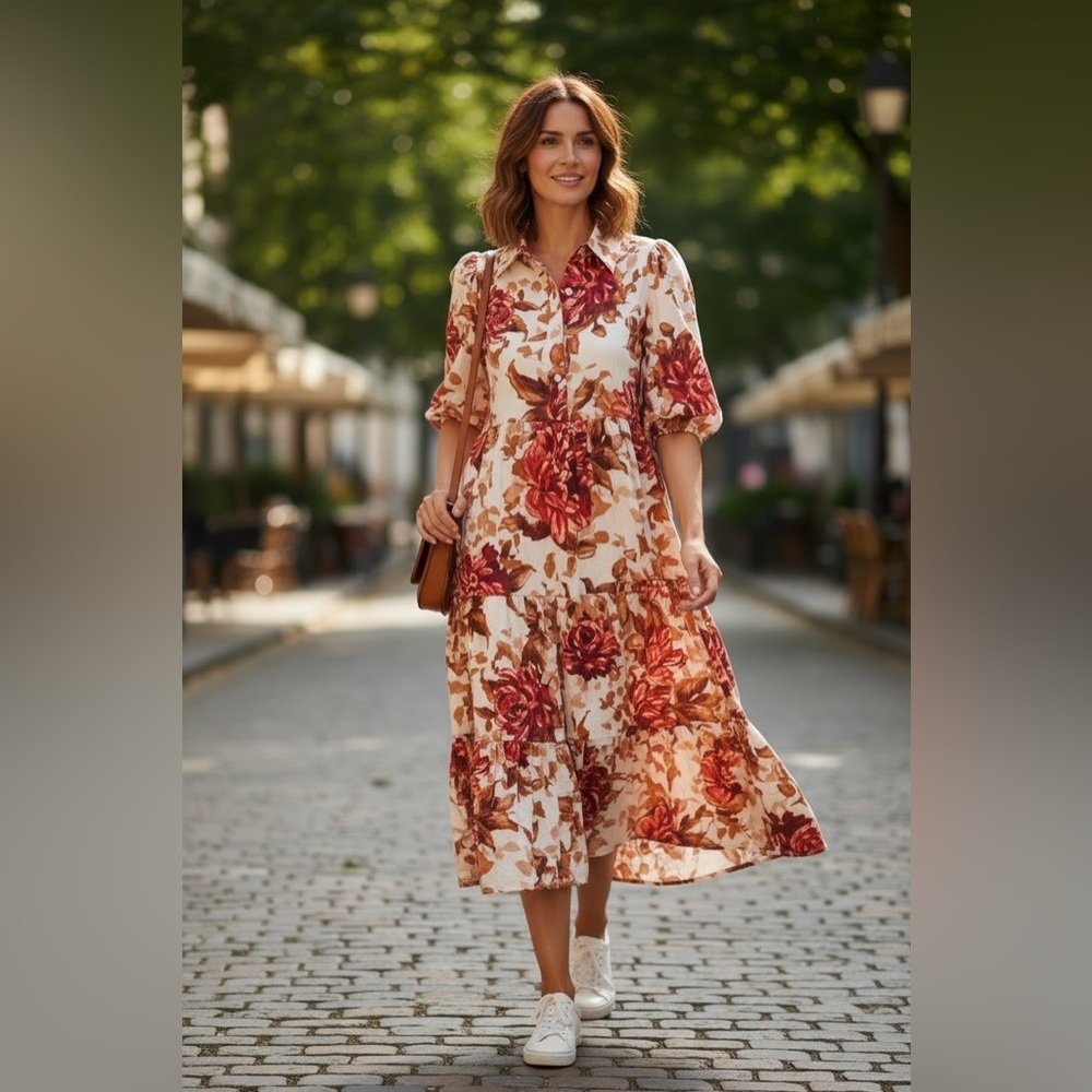 RESELLERS BUNDLE ‼️ TCEC Cream Maxi Dress with Red Floral Print—1S 2M 1L